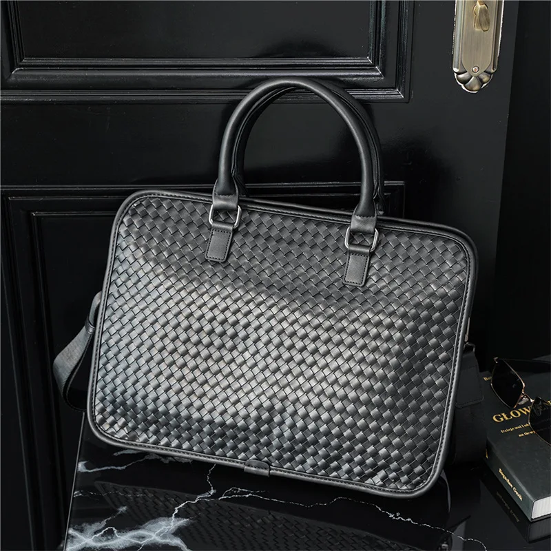 Woven Men Briefcases Leather Tote Bag Men OL Handbags Fashion Men's Shoulder Bags