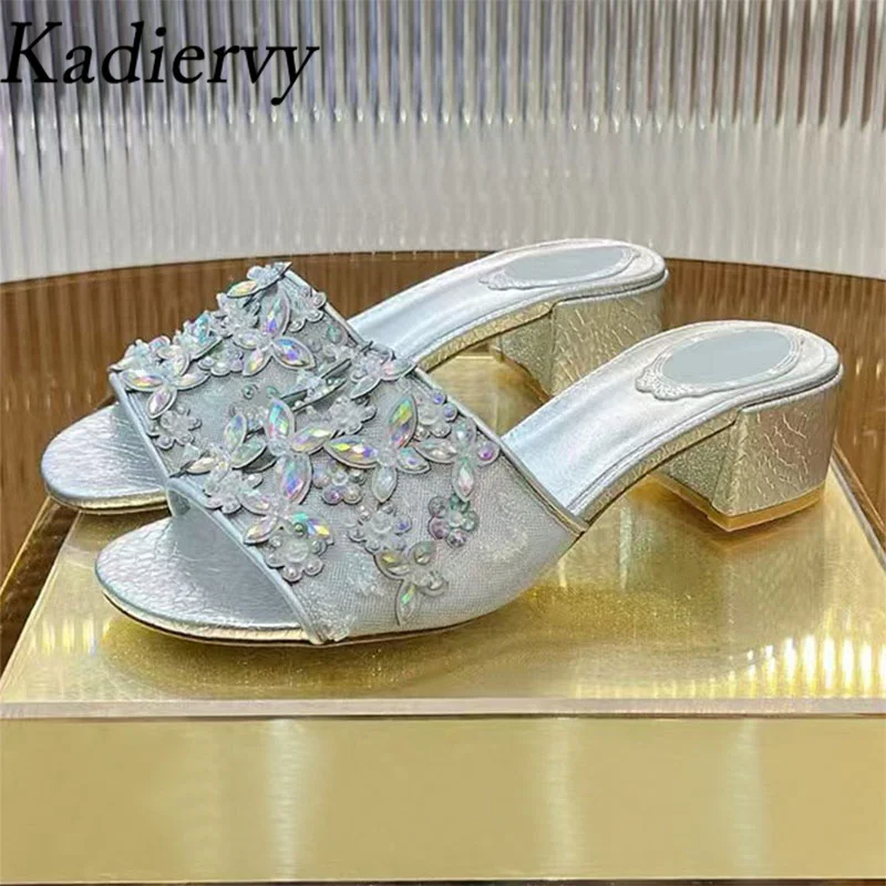 

Luxury Rhinestone Slippers Woman Square Heels Party Dress Shoes Women Summer Slides High Heels Crystal Flower Sandals Women