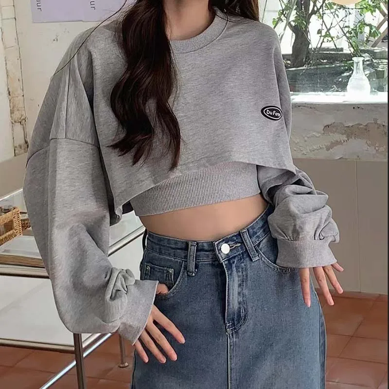 GIDYQ Crop Thin Sweatshirt Two-piece Women Korean Casual Bat Long Sleeve O Neck Tees Fashion Chic Solid Simple Tops Autumn New