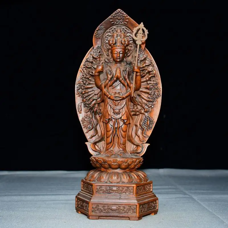 Boxwood Carving Thousand Hands Guanyin Avalokiteshvara Buddha Statue Home Religious Decor Feng Shui Ornament
