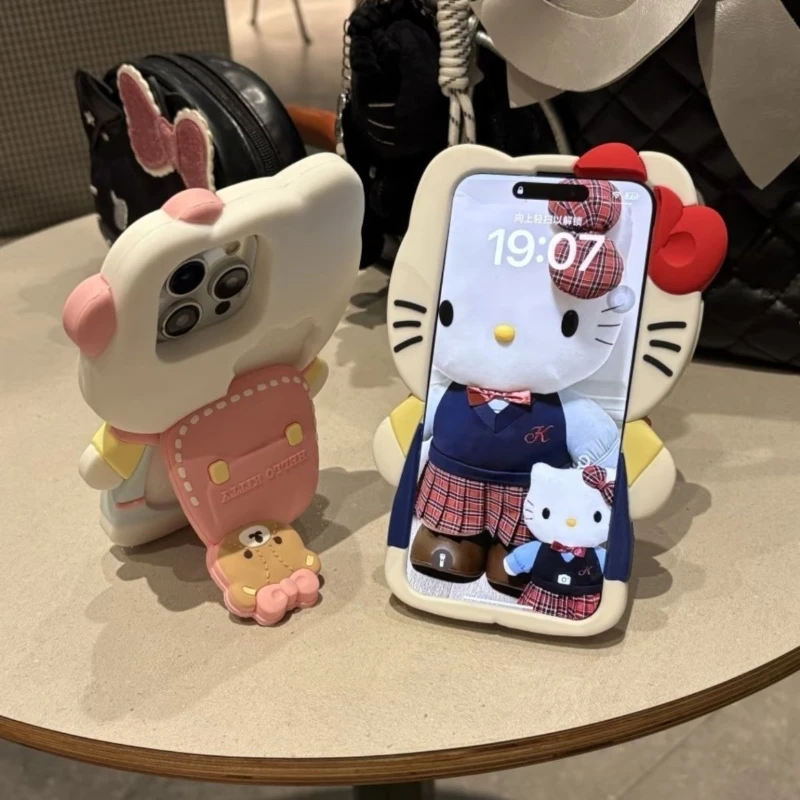 

Cute Cartoon Hello Kitty Backpack Stand Phone Case for iPhone 16 Pro Max 15 Pro 14 Plus 13 Full Silicone Phone Cover