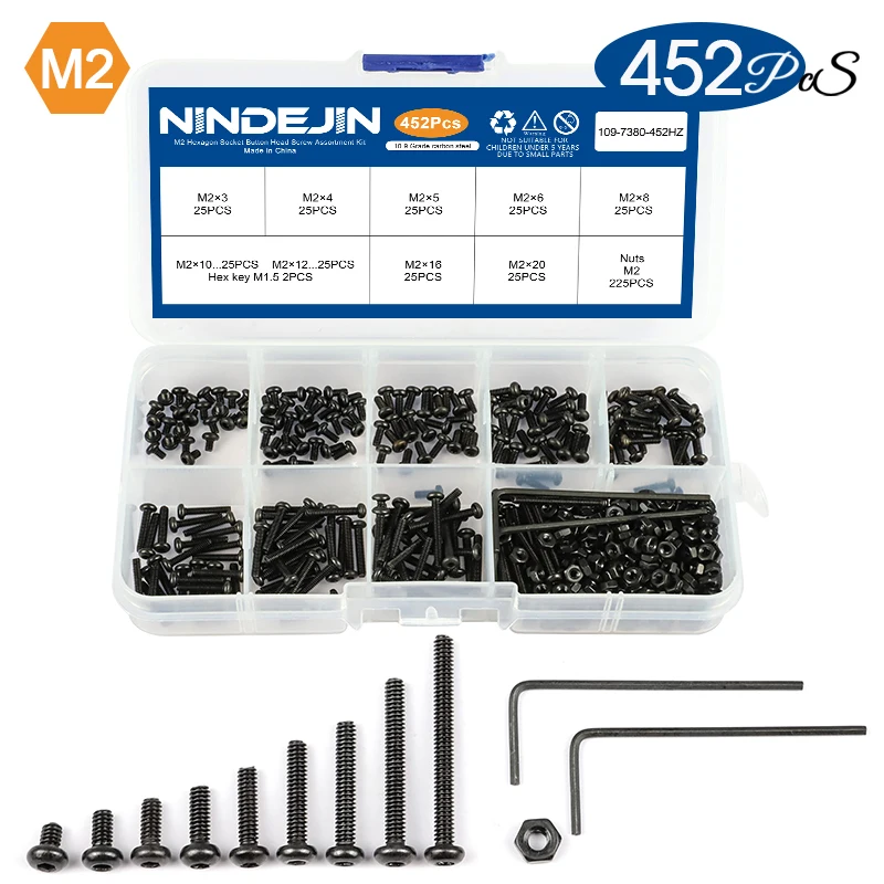 NINDEJIN Sechskant-Innensechskant-Halbrundkopfschraube, Mutter aus Kohlenstoffstahl, M2, M2,5, M3, M4, M5, M6, Inbus-Rundkopfschrauben-Set, Bolzen und Muttern-Set