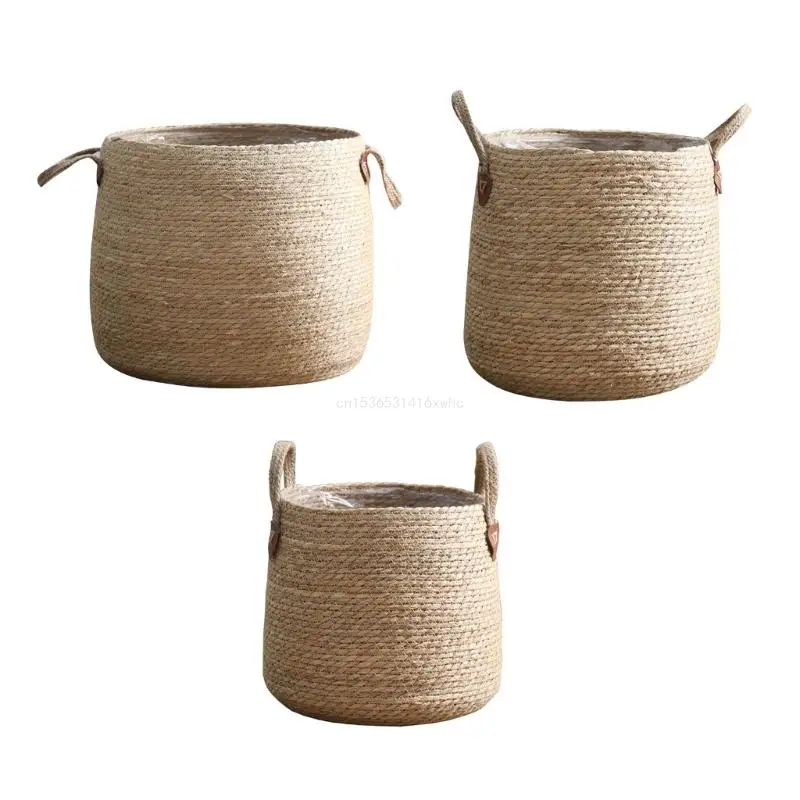 Dropship Grass Woven Flower Basket with Handle Floor Plant Decorative Flower Pot