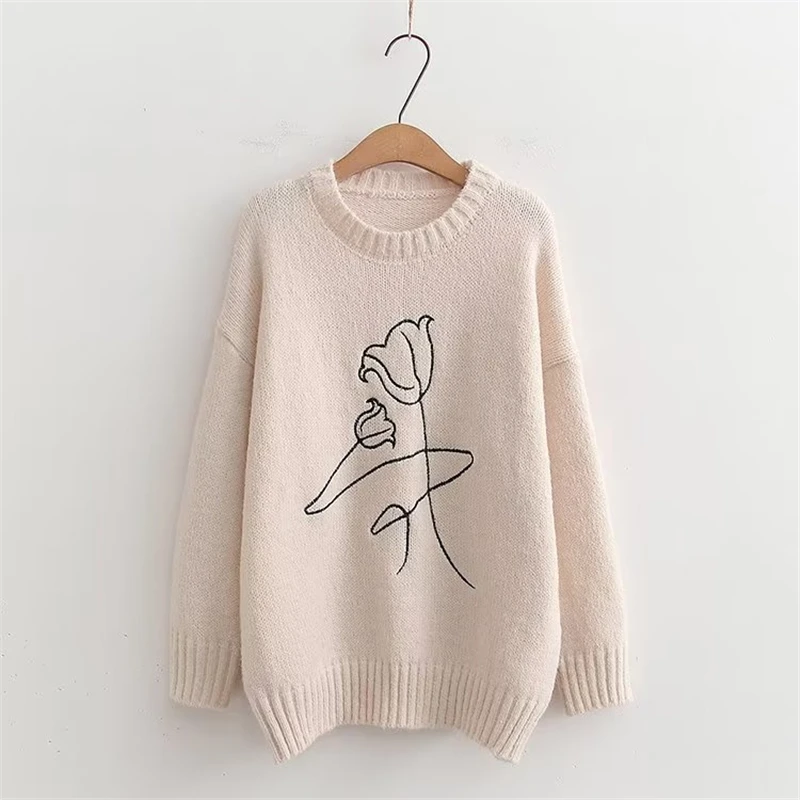 2025 New Autumn Winter Embroidered Lines Flower Round Neck Pullover Sweater Women's Knitted Hot 2 Colors Tops Girl 2 Colors