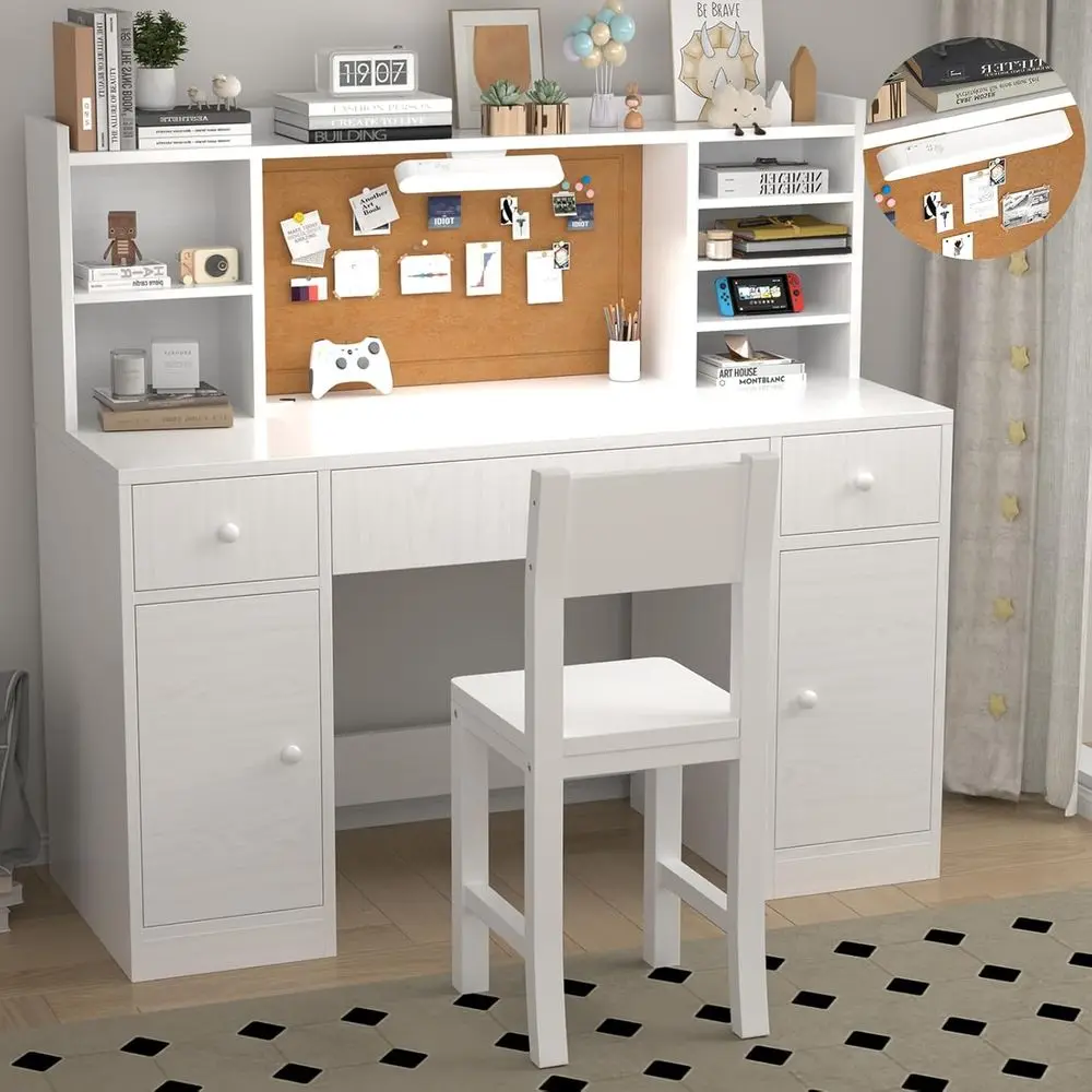 

48 x 20 White Wooden Kids Study Desk and Chair Set with Lighting, Drawers, and Storage Cabinets