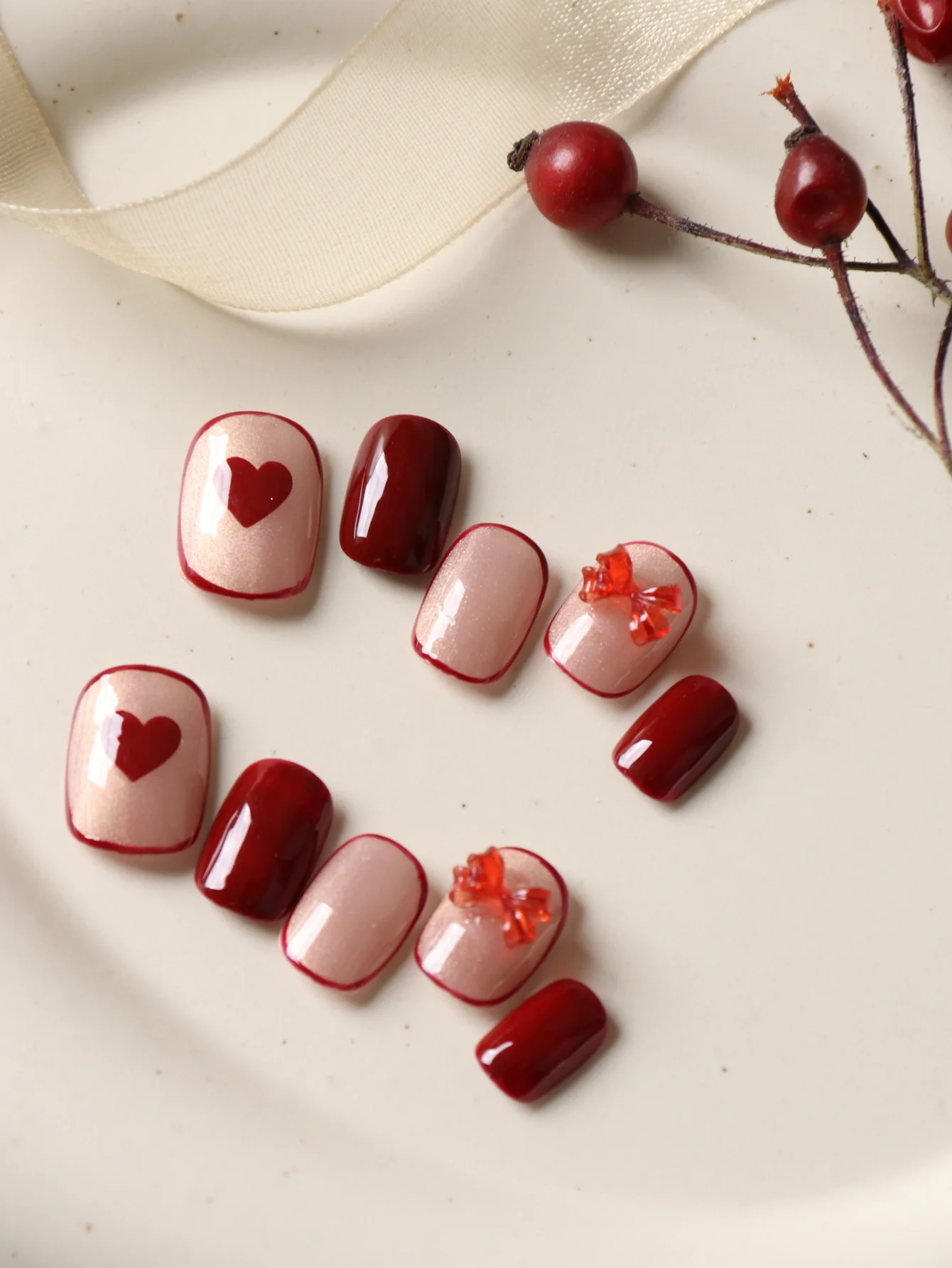 10Pcs Press on Nails Short Red Love Bow Press on Fake Nails Includes 1 Sheet of Adhesive Tabs & 1 Pc Mini File