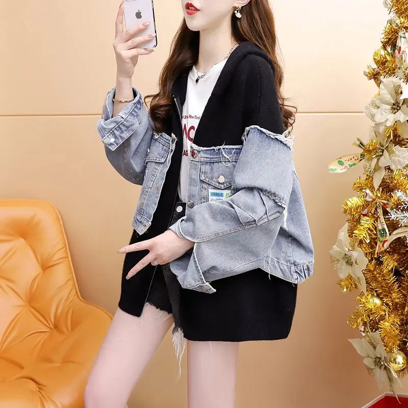 

Women Cardigan Sweaters Denim Coats Two Fakes Turn Down Collar Y2k Streetwear Elegant Splice Knit Open Stith Autumn Winter