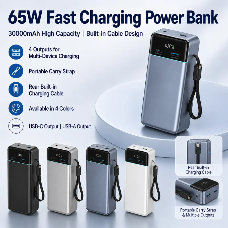 65W Power Bank 30000mAh USB-C Portable Charger, High Capacity Power Bank Built-in Cable Portable Charger for Phone Tablet Laptop