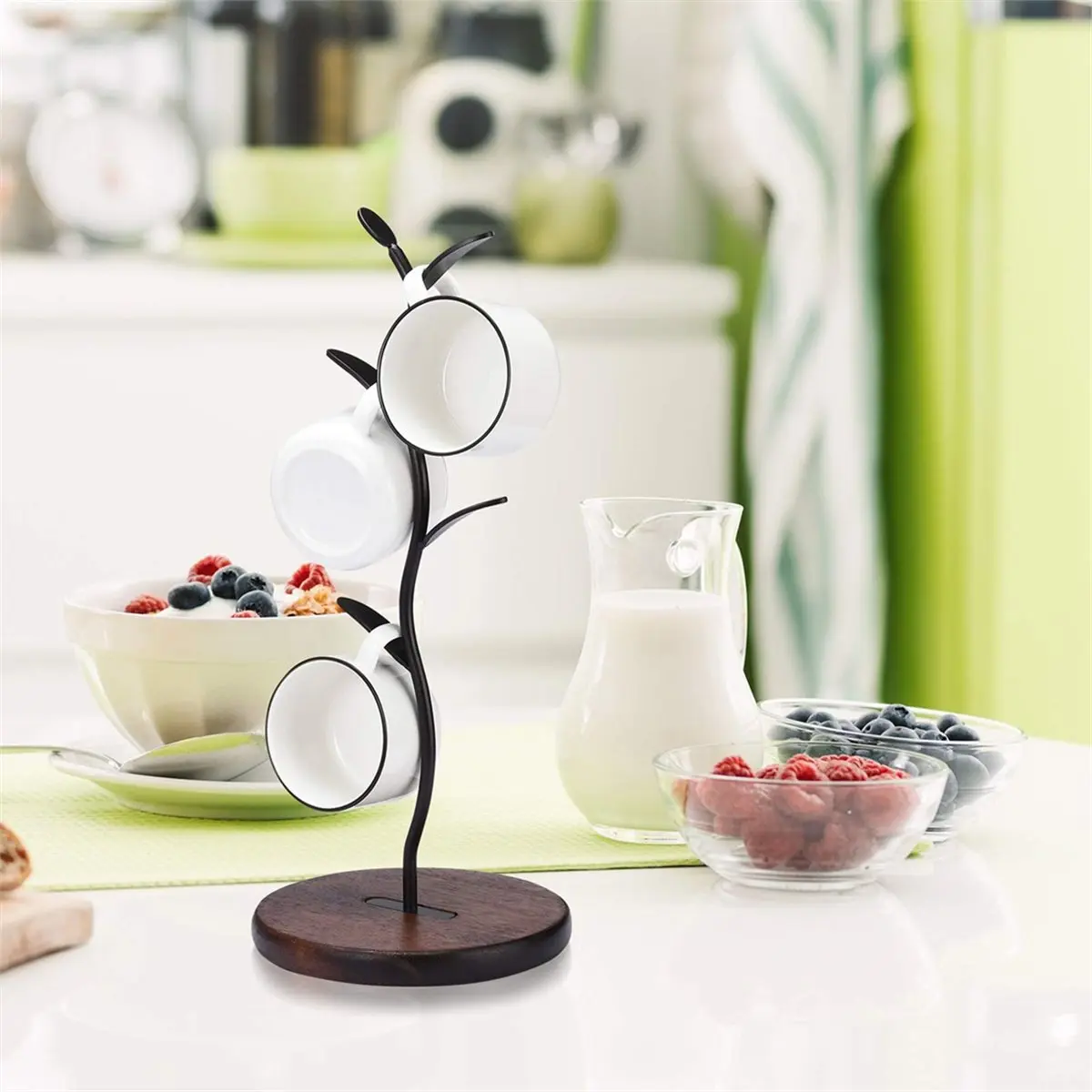 Oct Sale Countertop Mug Tree Stand - Coffee Cup Display & Storage Rack, Kitchen Counter Organizer, Black (Single Row)