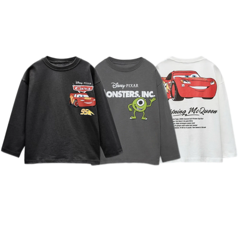 

Cartoon Car T-shirt Boys Child White Black Tees Long Sleeve 2025 Spring Summer Clothes New Kids Thin Cotton Crewneck Base Shirt