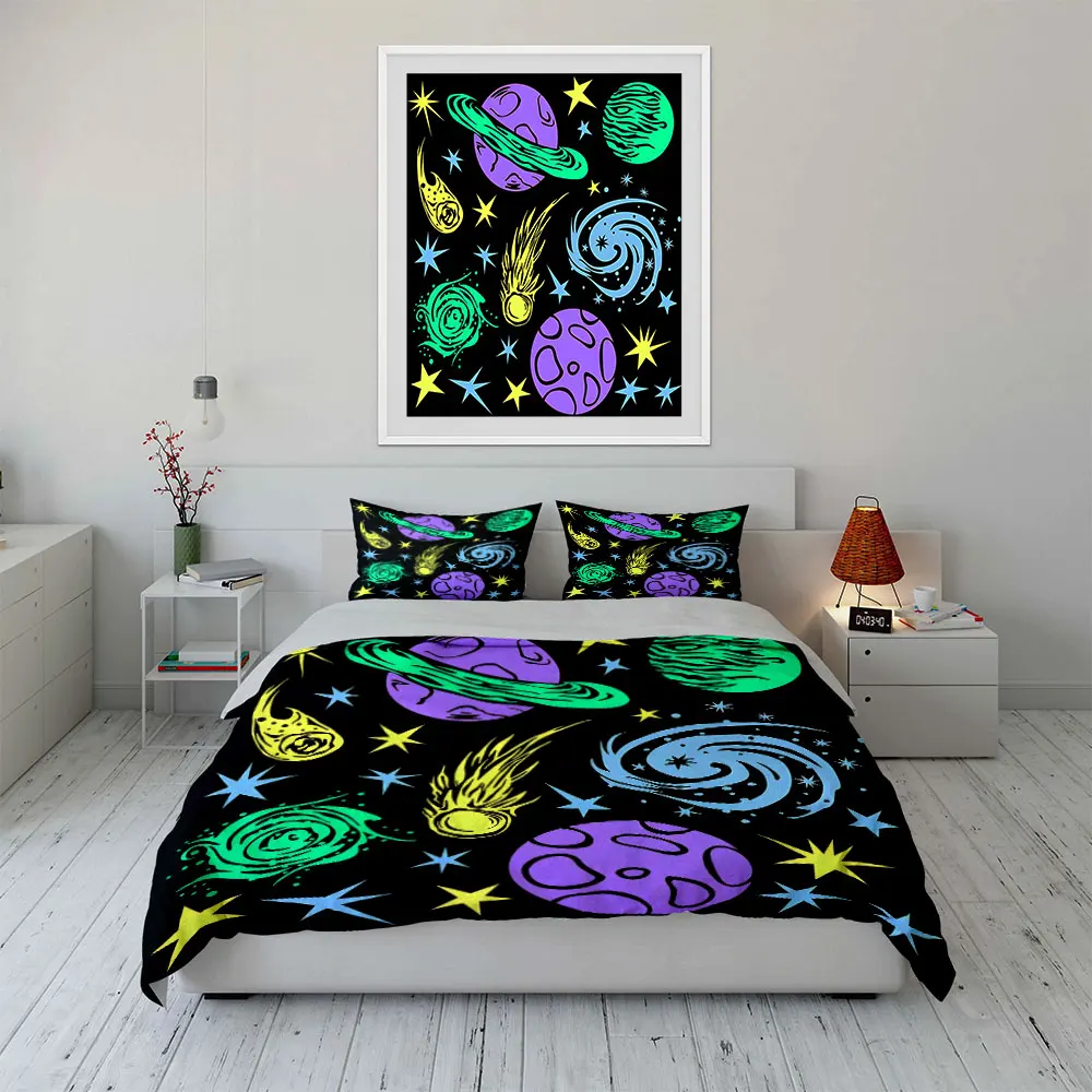 Colorful planets and cosmic elements Pattern Duvet Cover Set Digital Print Colorful Polyester Bedding with Zipper Closur 4