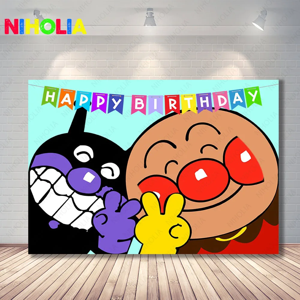 Niholia Anpanman Photography Backdrop Boys Happy Birthday Background Decoration Blue Sky and Rainbow Cartoon Photo Booth Props