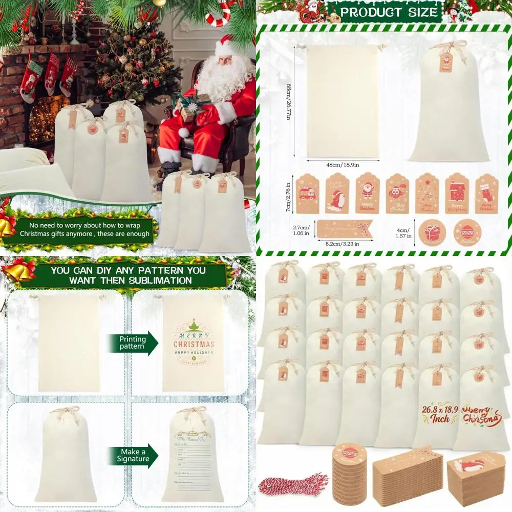 

Large Christmas Drawstring Bags with 24 Santa Designs, 50 Kraft Tags, 26.8x18.9 Inches for DIY Gifts