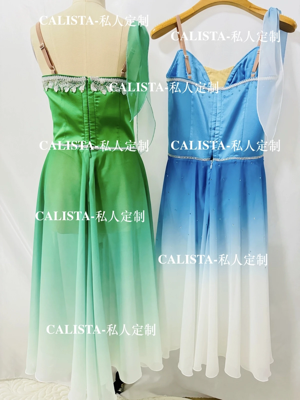 Pirate female variation tutu private custom green blue gradient color silver with diamond flowing long gauze dress