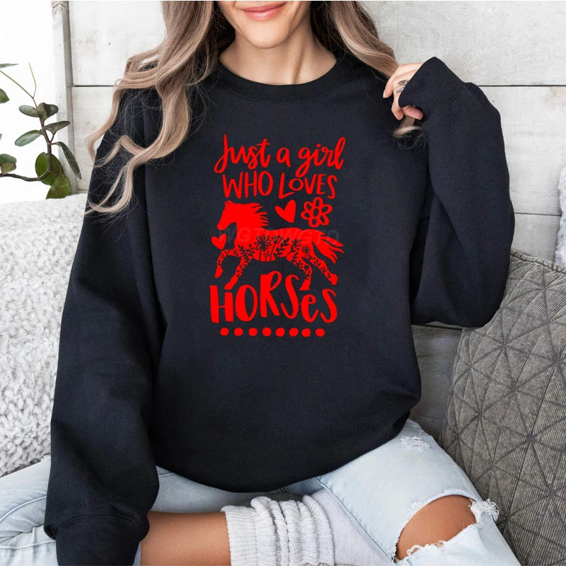 Just A Girl Who Loves Horses Print Women Hoodies Flower Horse Farm Casual Sweatshirts Funny Horse Mom Gifts Sweatshirt Jumper