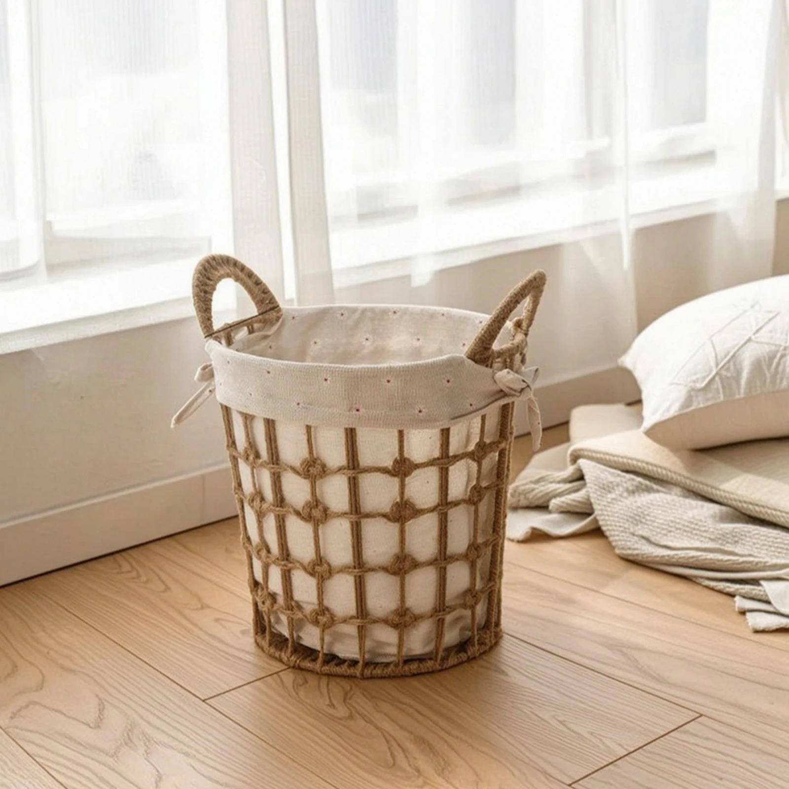 Rope Basket with Liner Decorative Cotton Rope Basket Woven Storage Bin with Handles Sturdy Laundry Hamper Lightweight