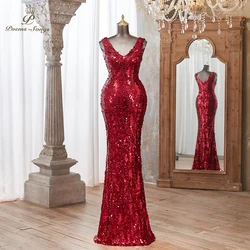 Elegant Women's Burgundy Sequin V-Neck Slim Sleeveless Glitter Mermaid Prom Evening Dress for Special Events vestidos de noche