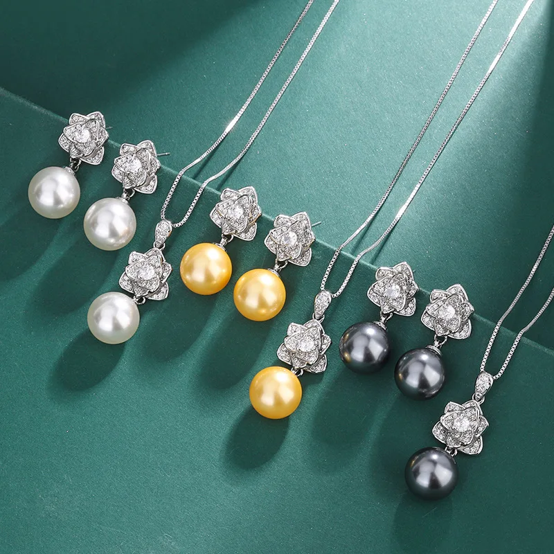 

Camellia Set 12mm Pearl Necklace New Inlaid Gray Shell Pearl Camellia Pearl Stud Earrings Necklace