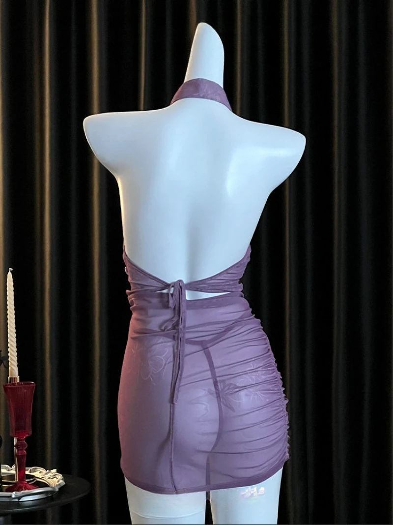 Paarse oude Chinese Hanfu-stijl sexy nachtjurk, transparant kanten mesh, hoge split cheongsam pyjama, doorzichtige diepe V-borst