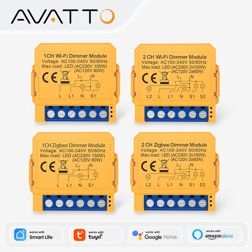 Moduł inteligentnego ściemniacza AVATTO WiFi/ZigBee 1/2-kanałowy, sterowany zdalnie przez aplikację, kompatybilny z Tuya, Alexa i Google Home