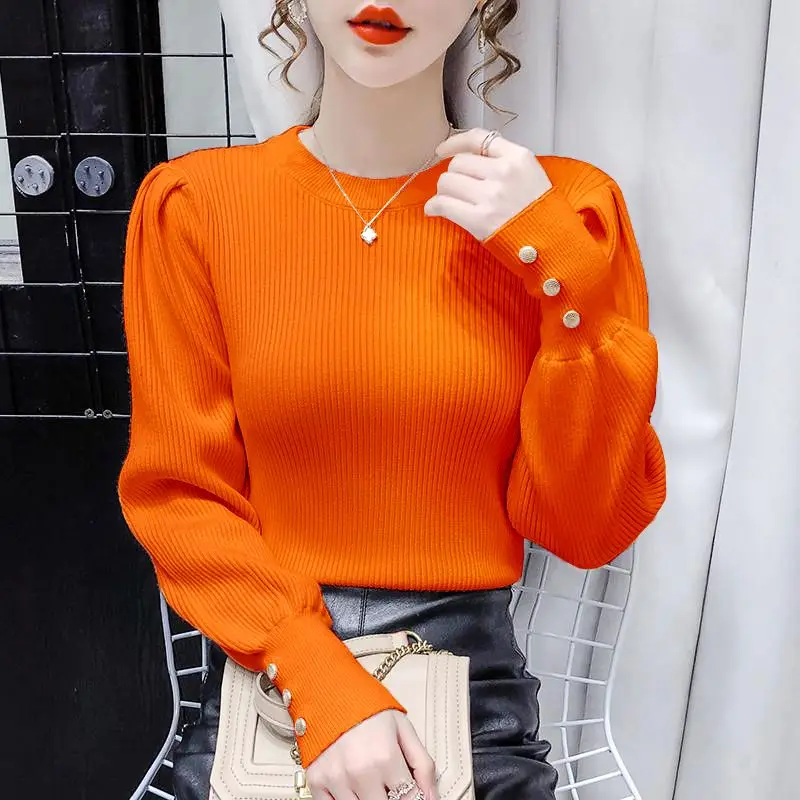 Women Autumn Winter New O-Neck Pullover Sweater Commuter Simple Button Knitted Shirt Women\'s Slim Fit Versatile Long Sleeve Tops