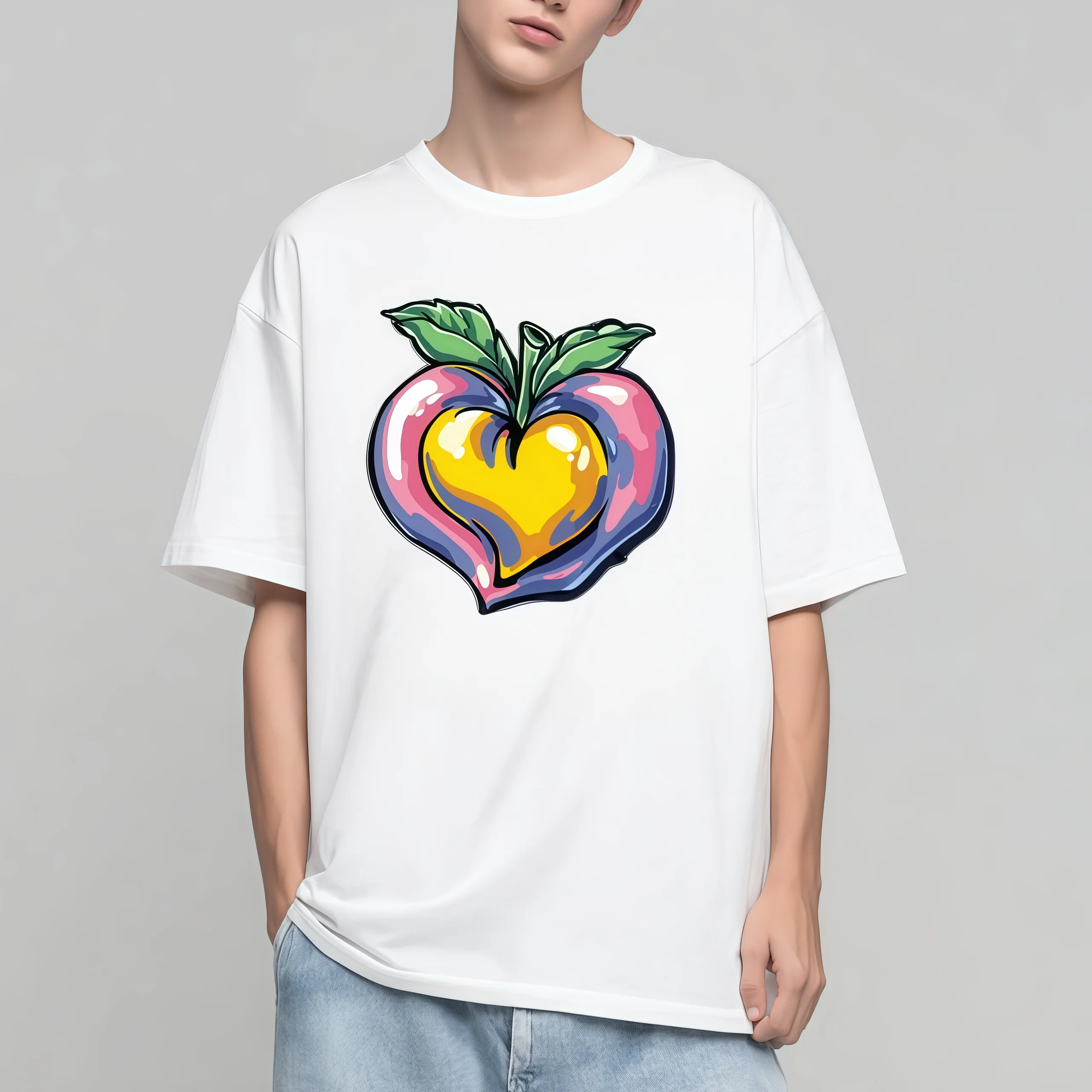 

Teevo Oversized T-Shirt Colorful Heart Apple Print Casual Daily Wear