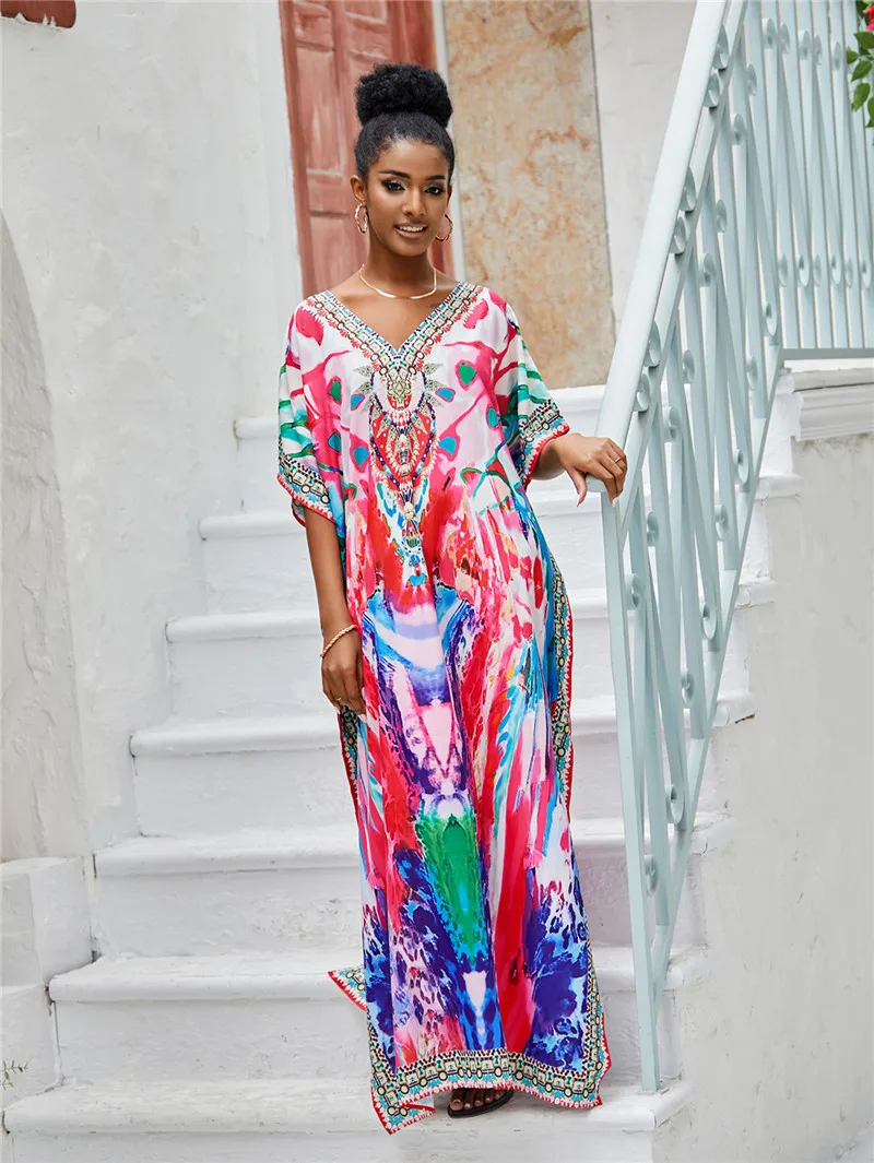 Цветочный богемный кафтан, повседневное пляжное платье с V-образным вырезом и рукавом до локтя, летняя одежда, Женская пляжная одежда, купальный костюм, накидка