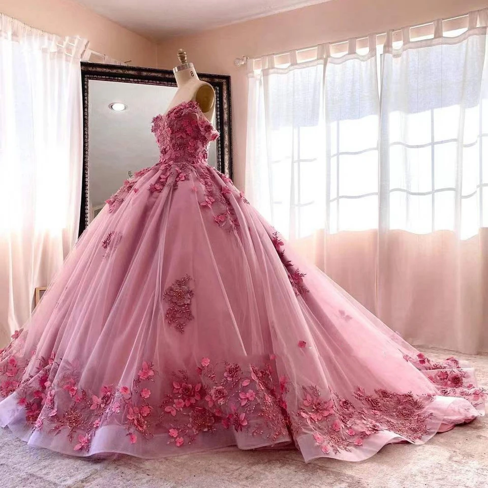 Pink Princess Quinceanera Vestidos, Apliques, Queridas Flores, Vestidos de baile, Tule, Elegente, 15 Ballkleider, 2023