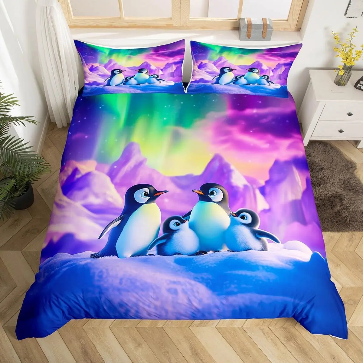 

Cartoon Penguin Family Duvet Cover Full Queen,Watercolor Aurora Neon Bedding Set,Cute Wildlife Mountain Print Comforter Cover