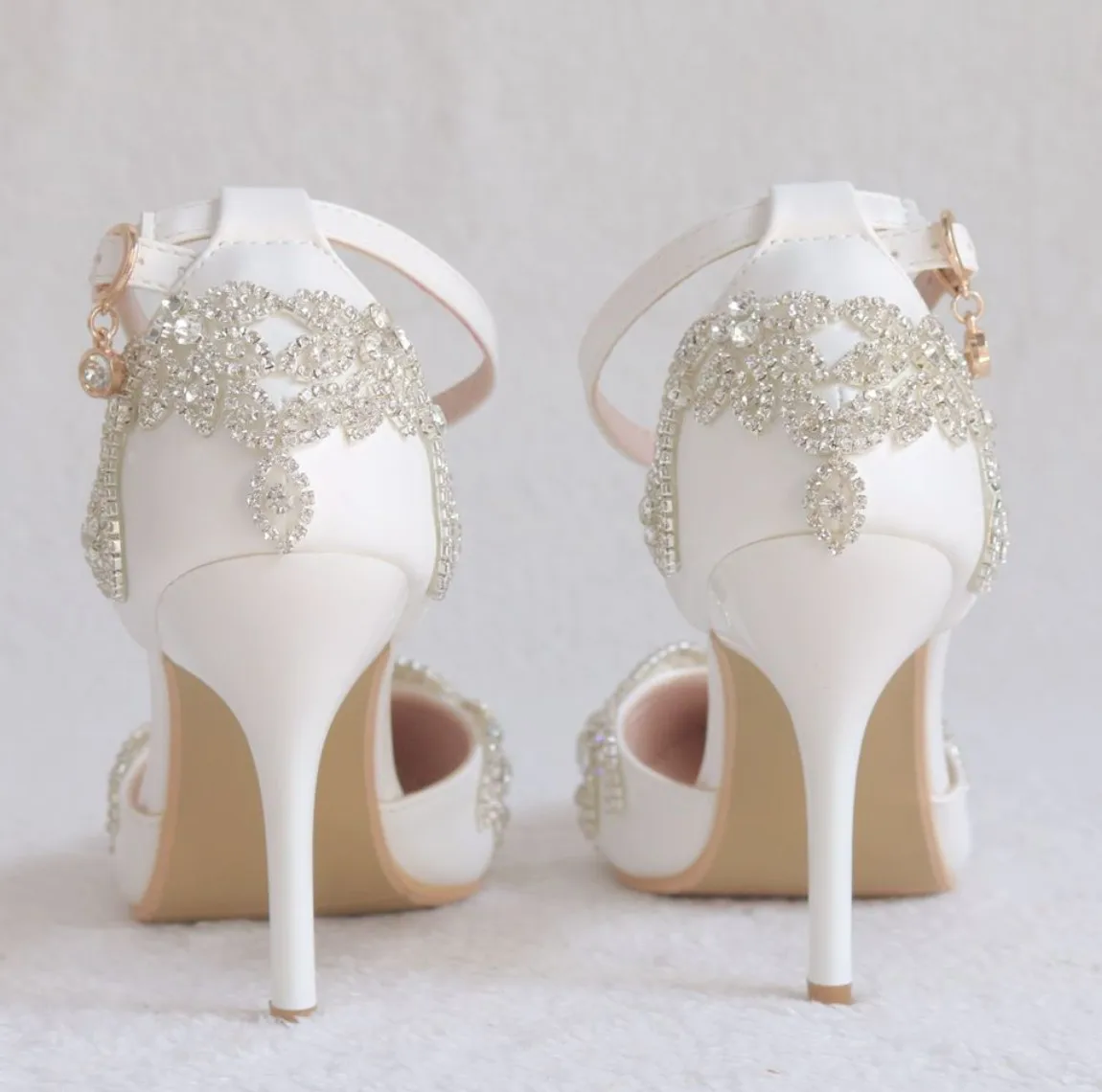 GOHYPDUG Women\'s White Pointed Toe Sandals With Crystal Rhinestone Wedding Bridal shoes Elegant High Heel