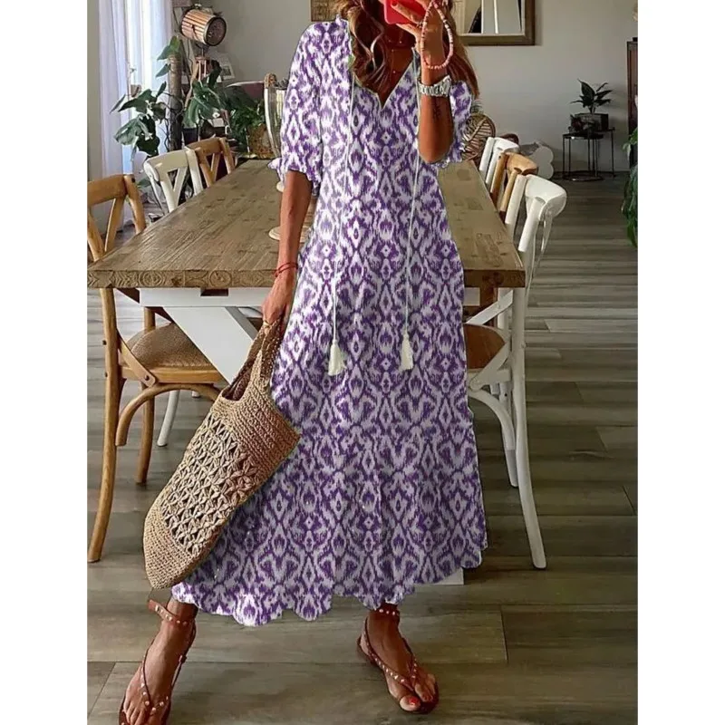 Boho Frauen Vintage Kleid Robe Sommer Kordel zug V-Ausschnitt Halbarm lange Maxi kleid weibliche lässige Strand kleider Vestidos