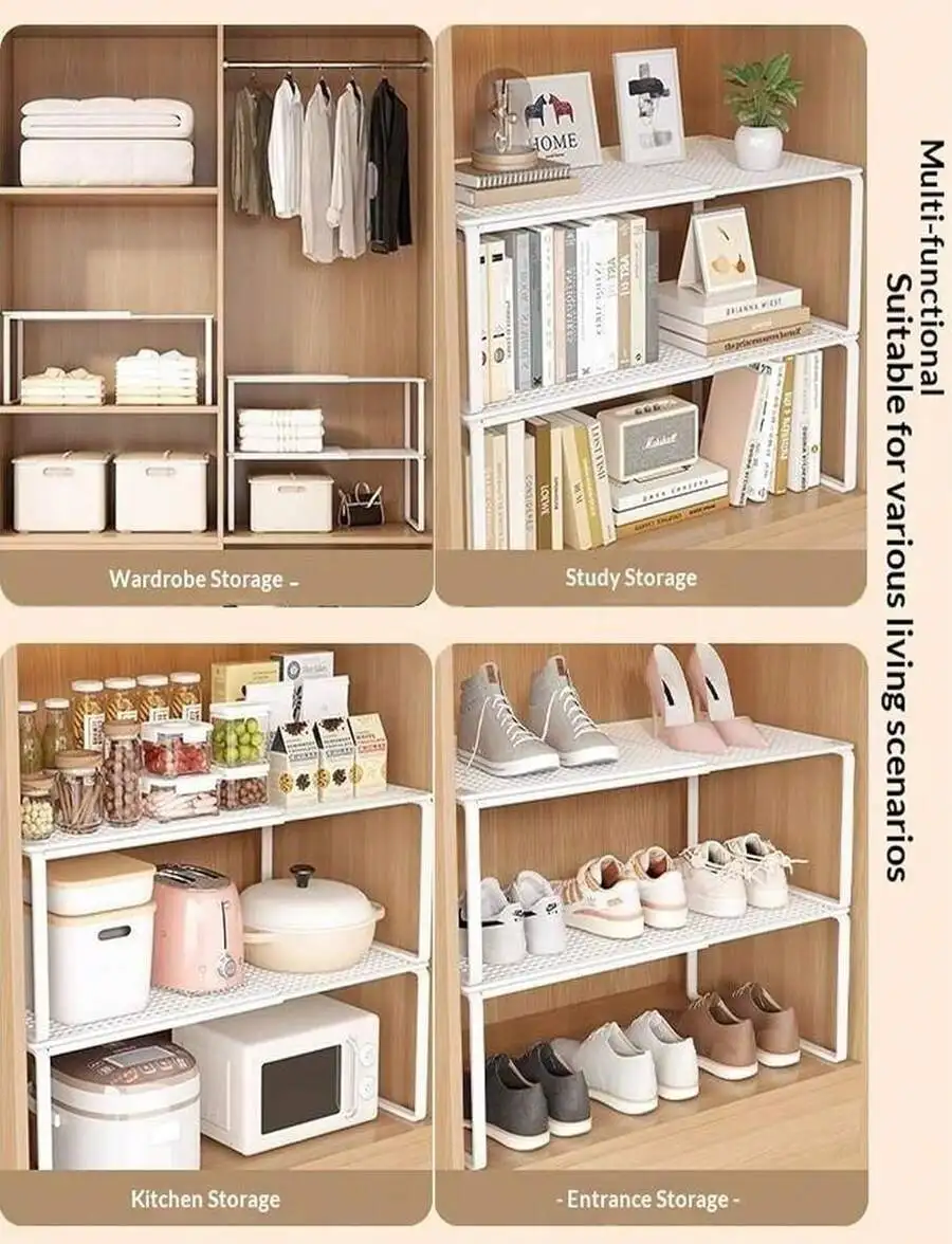 Designed For Versatile Use, This White Carbon Steel Rack Can Be Stacked Freely To Organize Your Cabinet, Wardrobe, Kitchen, Pant