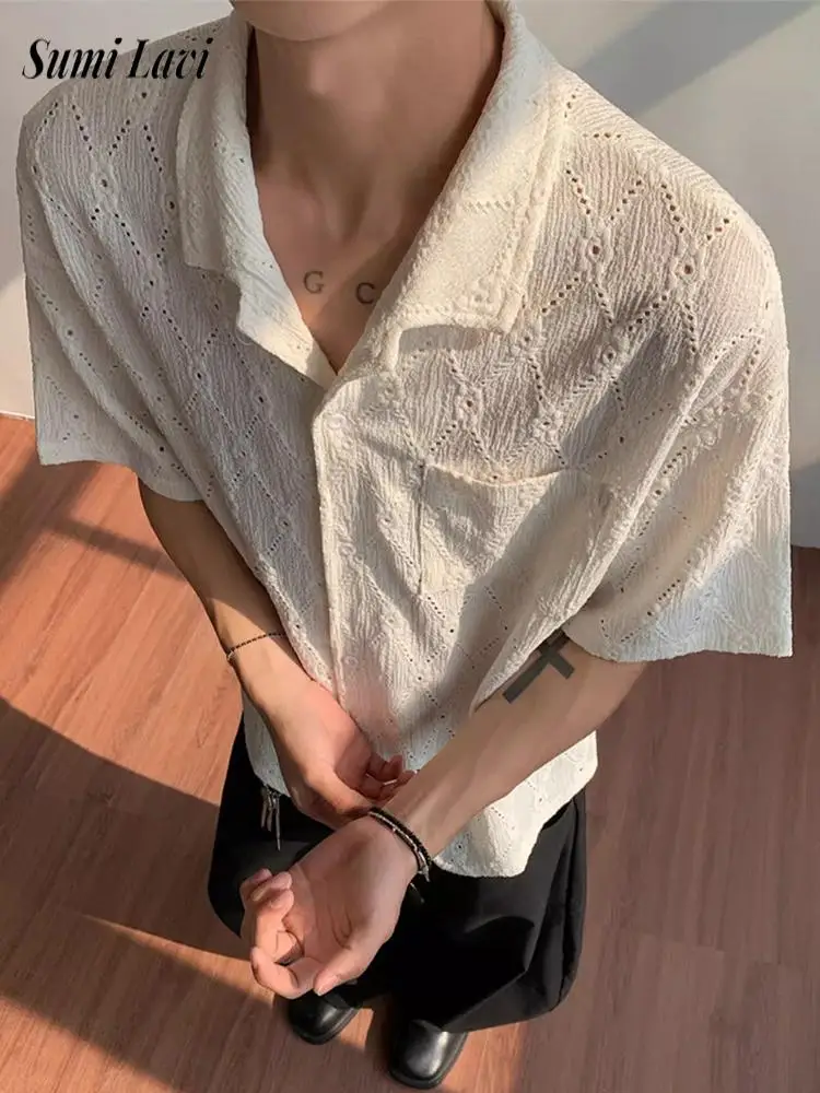 

2025 Summer New Fashionable Men's Knit Shirt Hollow Out Button-up Turn-down Collar Casual Shirts Men Vintage Short Sleeve Shirt
