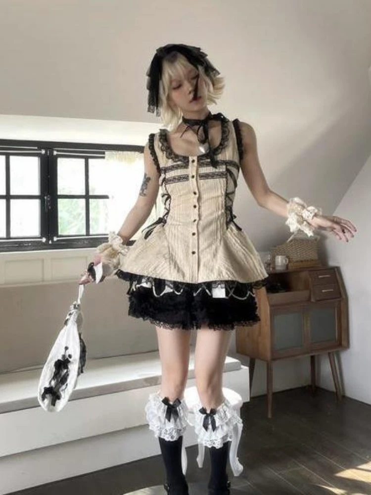 Houzhou Y2K Lolita Spitze Hemden Frauen japanischen Stil Vintage Gothic ästhetische Goth Bandage Bluse Harajuku Fairycore 2000s Chic