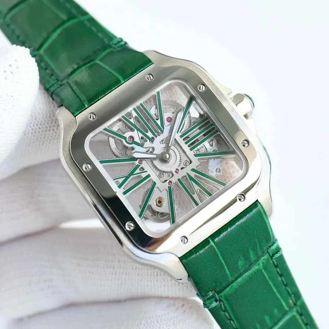 Luxury New Quartz Watch for Men Square Watches Stainless Steel Black Green Leather Hollow dial Transparent Back Sapphire 39mm