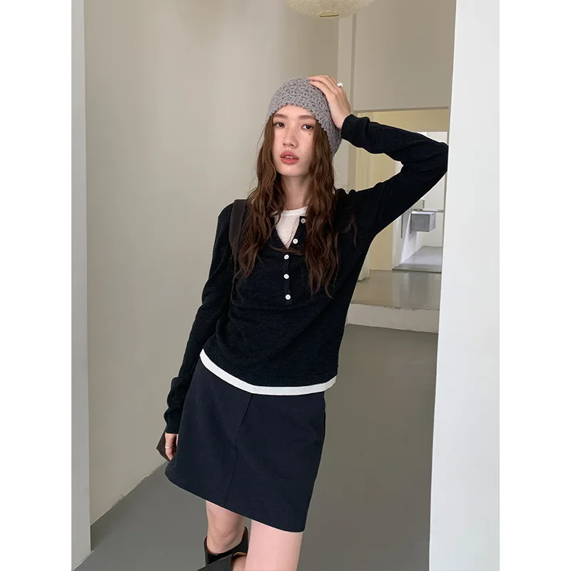 

2025 Wool Contrasting Two-piece Long-sleeved Knitted Sweater Women's Autumn Winter Korean Version Simple Sweater Europe America