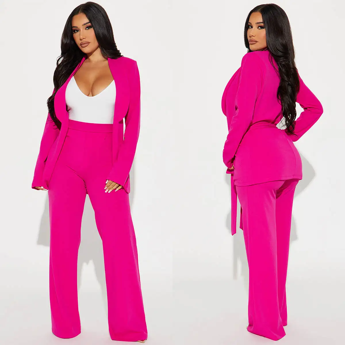 Pink Plus Size Women Pants Suits With Belt Party Guest Wear Jacket Blazer 2 Pieces Custom Made