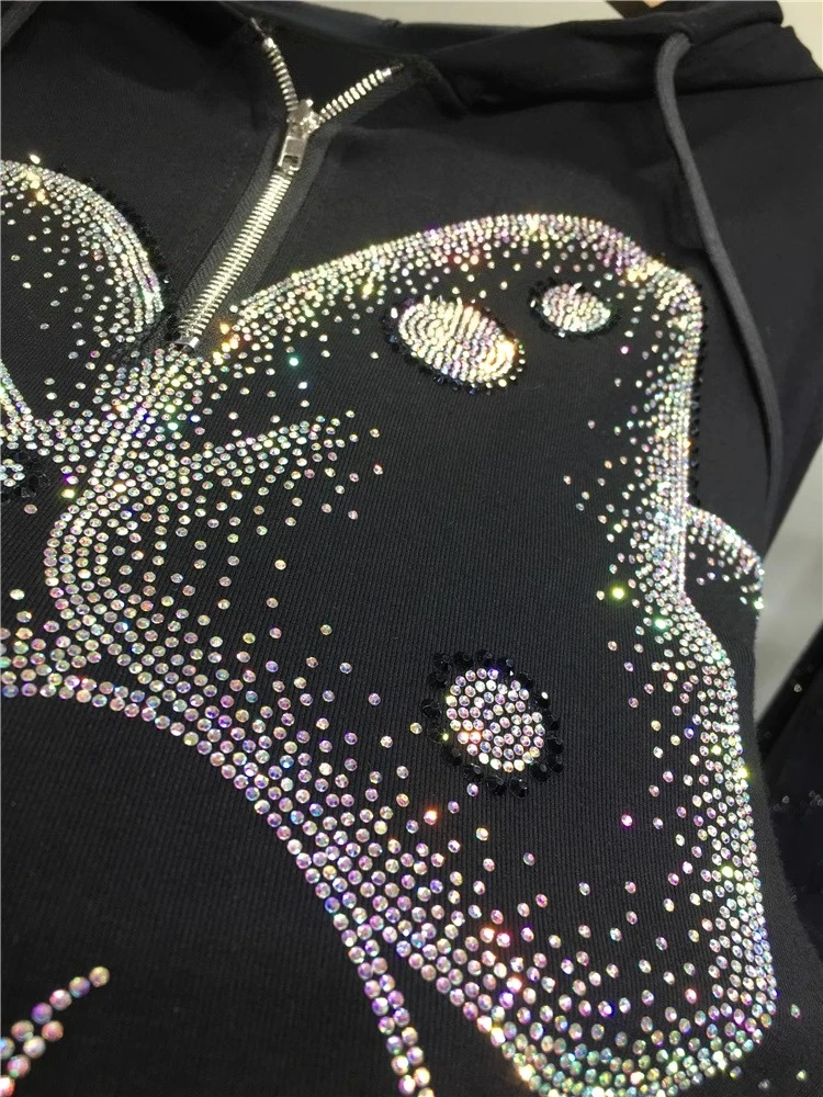 Cute Cartoon Rhinestone Hoodies Autumn Winter Mid-Length Cotton Sweatshirts Versatile Slimming Hooded Top For Women's Black Coat