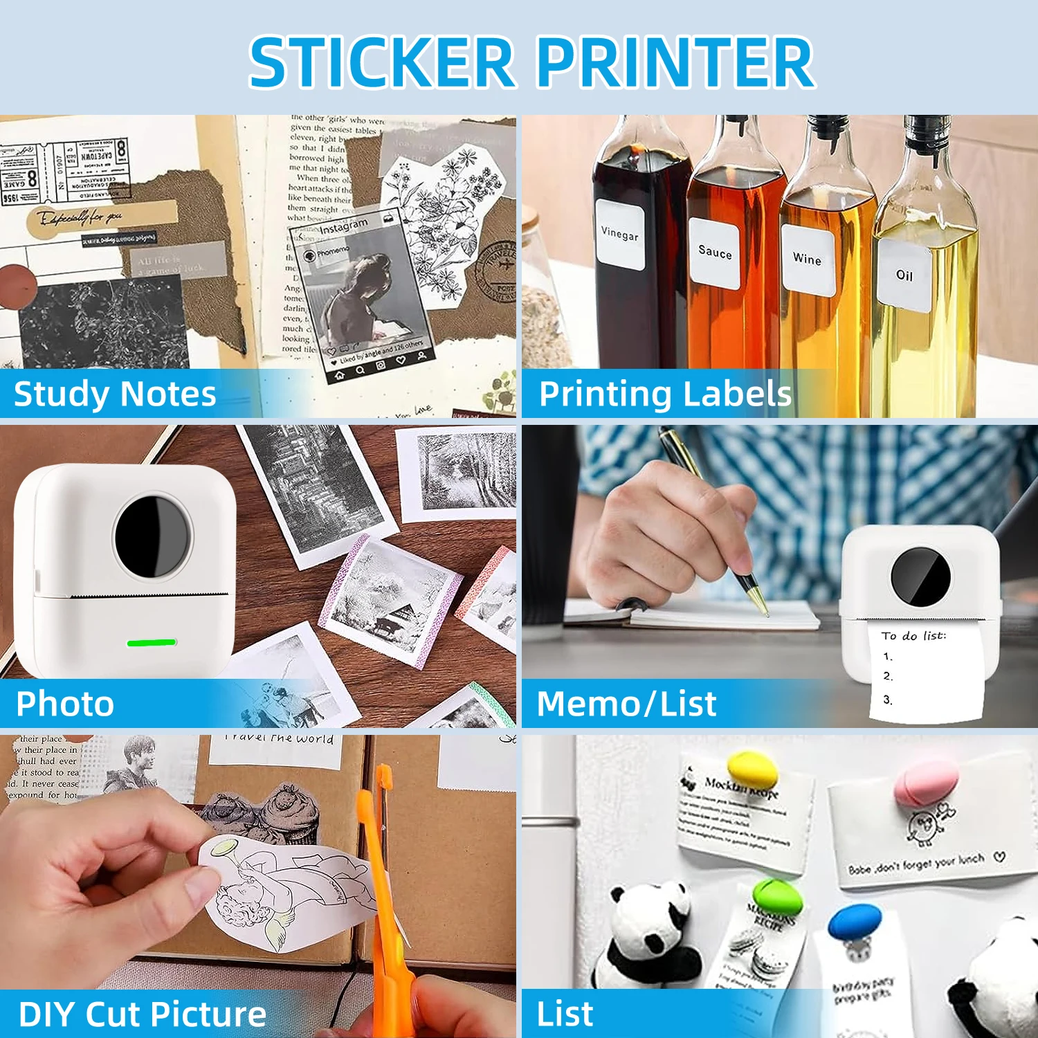 Mini Printer, Portable Thermal Printer, Inkless Sticker Maker, Free Cut Small Pocket Printer for Pictures, Photos, Journals