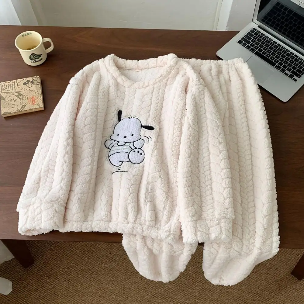 

Sanrio аниме Pochacco теплая плюшевая домашняя одежда с героями мультфильмов для женщин Kuromi 2 шт. пижамный комплект Kawaii зимний утепленный брючный костюм с длинными рукавами
