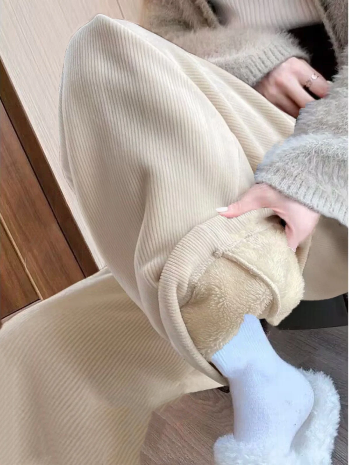 양털 안감 와이드 레그 캐주얼 팬츠 여성용 가을 겨울 스포츠 바지 하이웨이스트 9부 길이