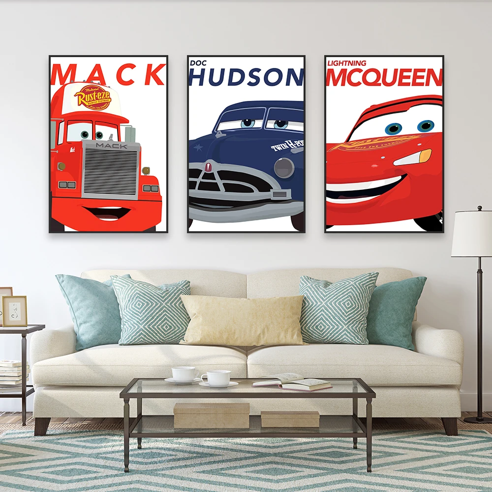 Disney Cars Movie Art Poster Colorful Lightning McQueen Mac Mater Doc Hudson Print Canvas Painting Nursery Room Decoration