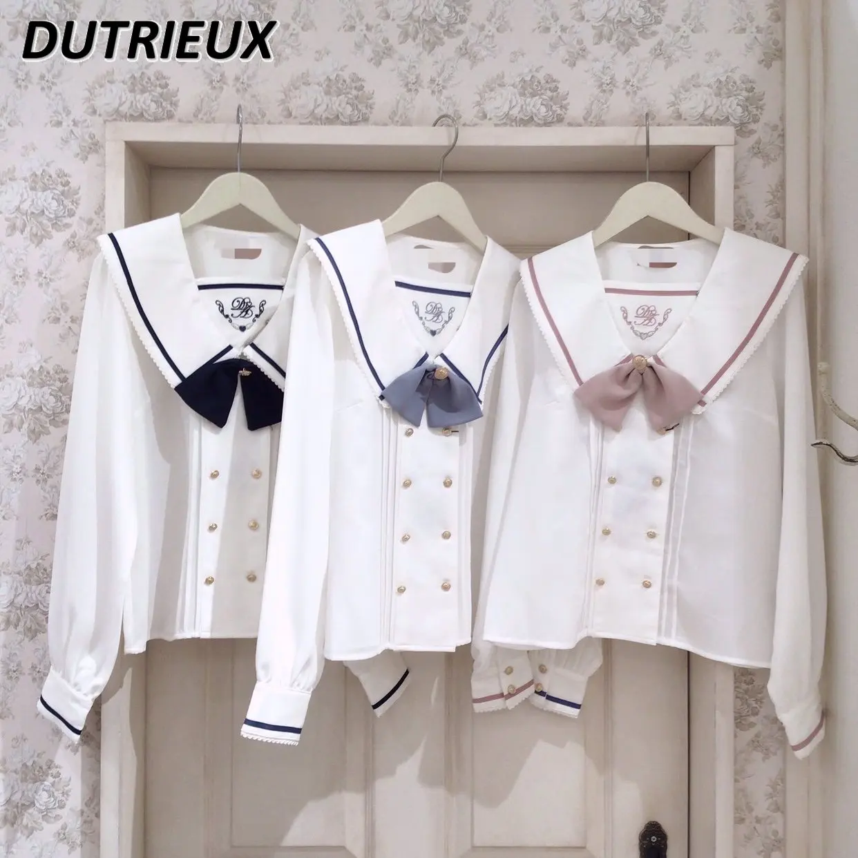 

Preppy Style Sailor Collar Double Breasted Long Sleeve Blouses Embroidered Bow Shirt Top Women Student Blusas Mujer De Moda 2023