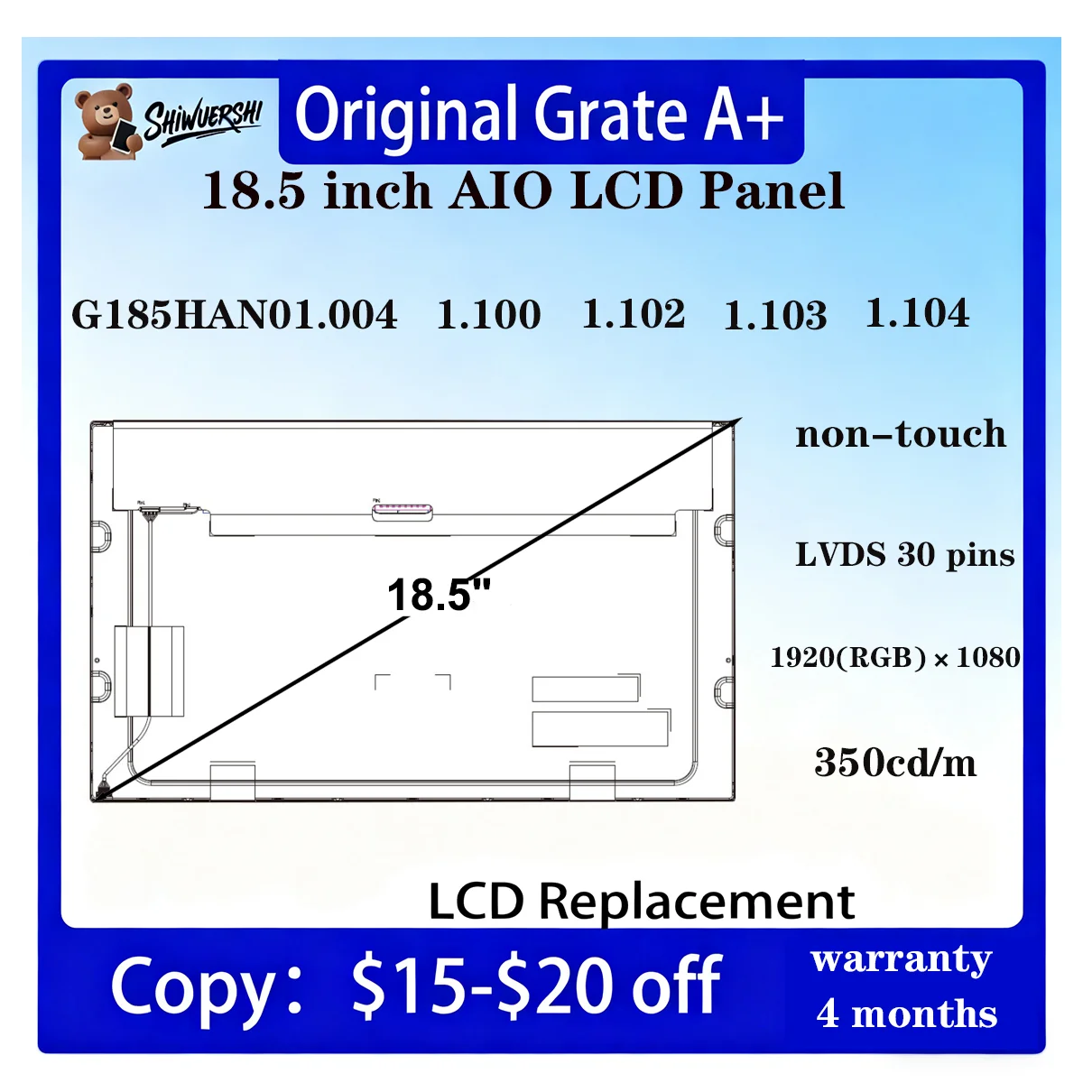

Wholesale Original New LCD 18.5 Inch Panel Display Monitor G185HAN01.004 1.100 1.102 1.103 1.104