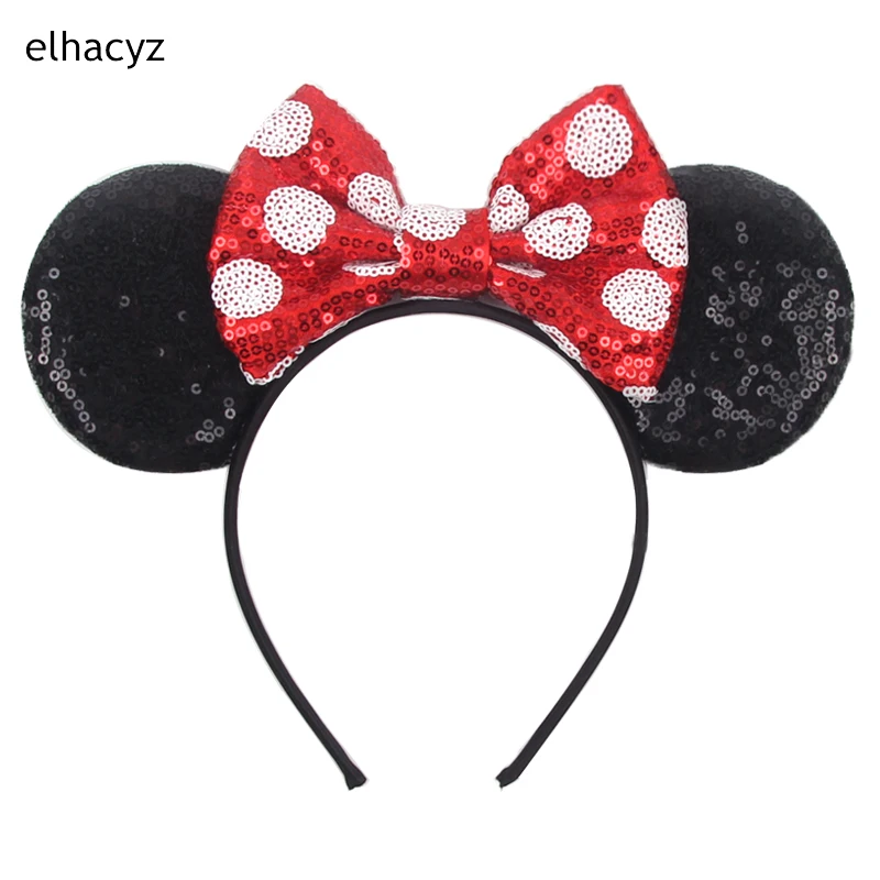2025 Chic Disney Stickerei Pailletten Minnie Ohren Stirnband DOT Bogen Haarband Mädchen Frauen Party Kopf Tragen Kinder DIY Haar Zubehör