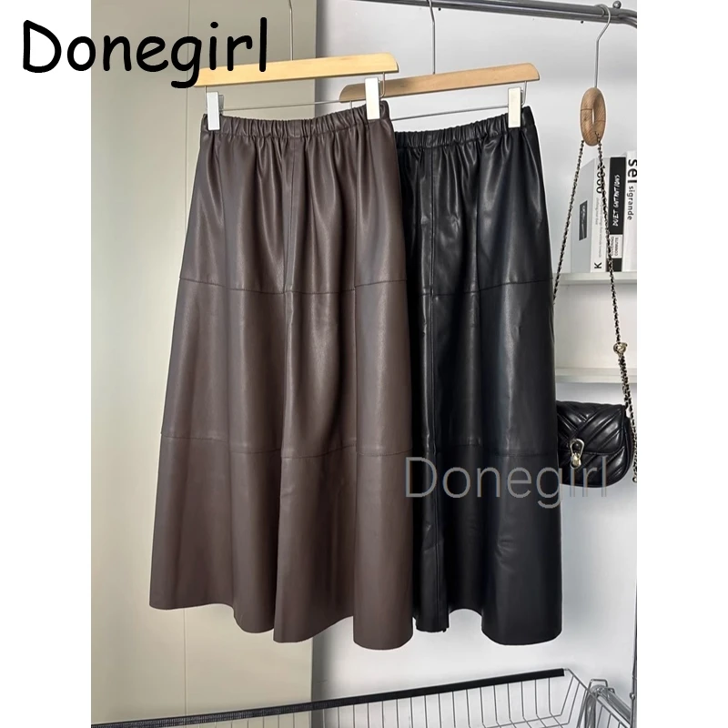 Donegirl Elegante A-lijn Pu Rok Vrouwen Hoge Taille Retro Midi Alle Match Vrouwelijke Herfst Zoete Lederen Rokken Nieuw