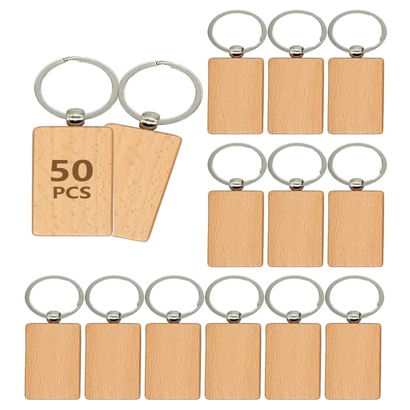 

50Pcs Wooden Keychain Blanks Rectangle Unfinished Wood Key Ring Tag for DIY Gift Crafts Personalized Painting