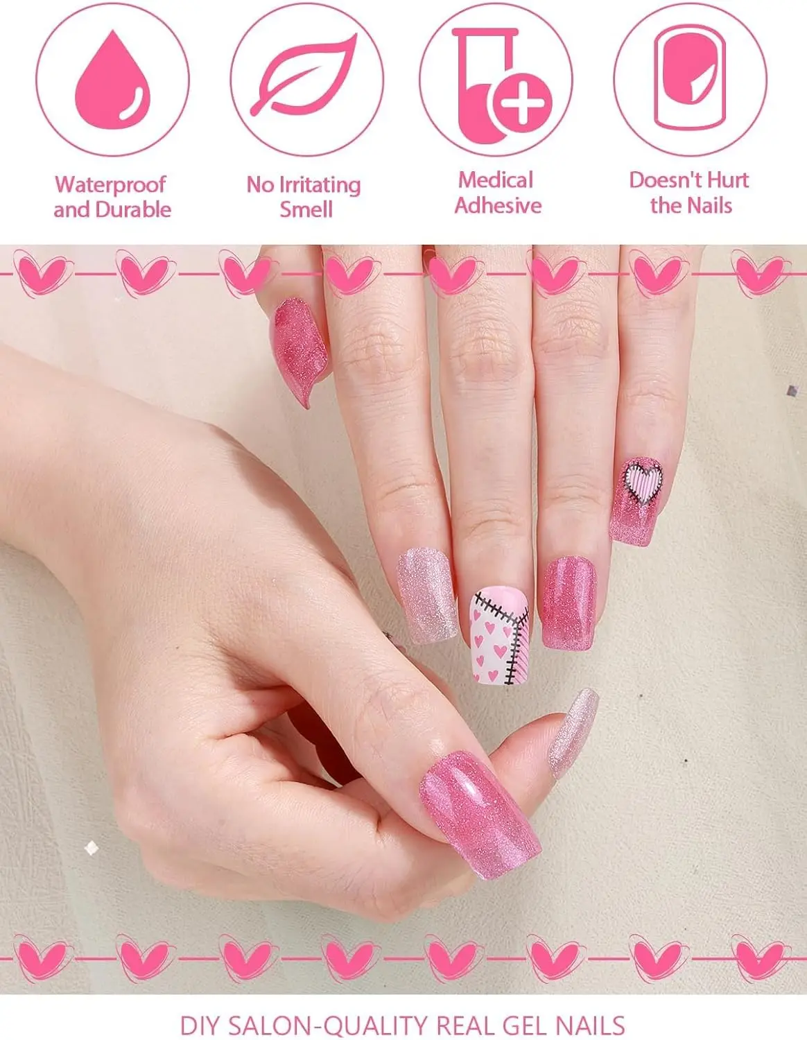 32枚入り ピンクハートネイルラップ、女性用セミキュアジェルストリップ、UV/LEDライト必要