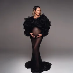 Elegant Black See Through Maternity Dress for Baby Shower Mermaid Photo Vestiti Sposa Ruched Long Sleeve Tulle Pregnant Women Go