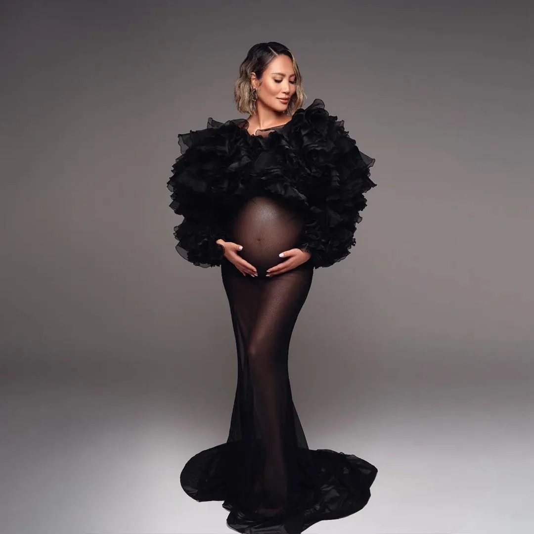 Elegancka czarna prześwitująca sukienka ciążowa na Baby Shower syrenka zdjęcie Vestiti Sposa Ruched z długim rękawem tiul kobiety w ciąży idź